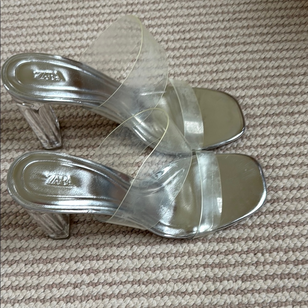 Clear PVC Strap Silver Block Heel Sandals - ZARA